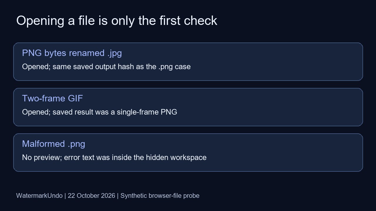 Renamed PNG opens, processed GIF loses animation, malformed PNG has no visible preview